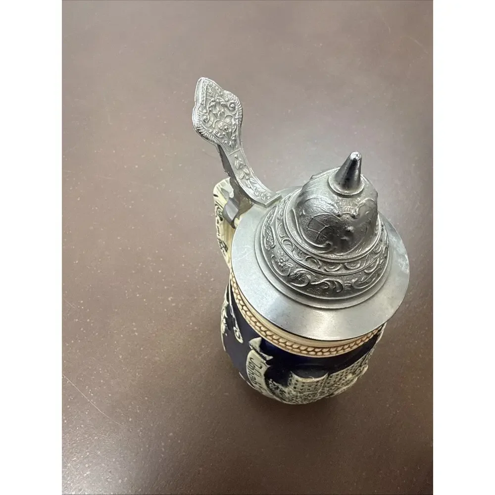 Vintage Original King German Beer Stein Cobalt Blue Castle Relief Pewter Lid KWG